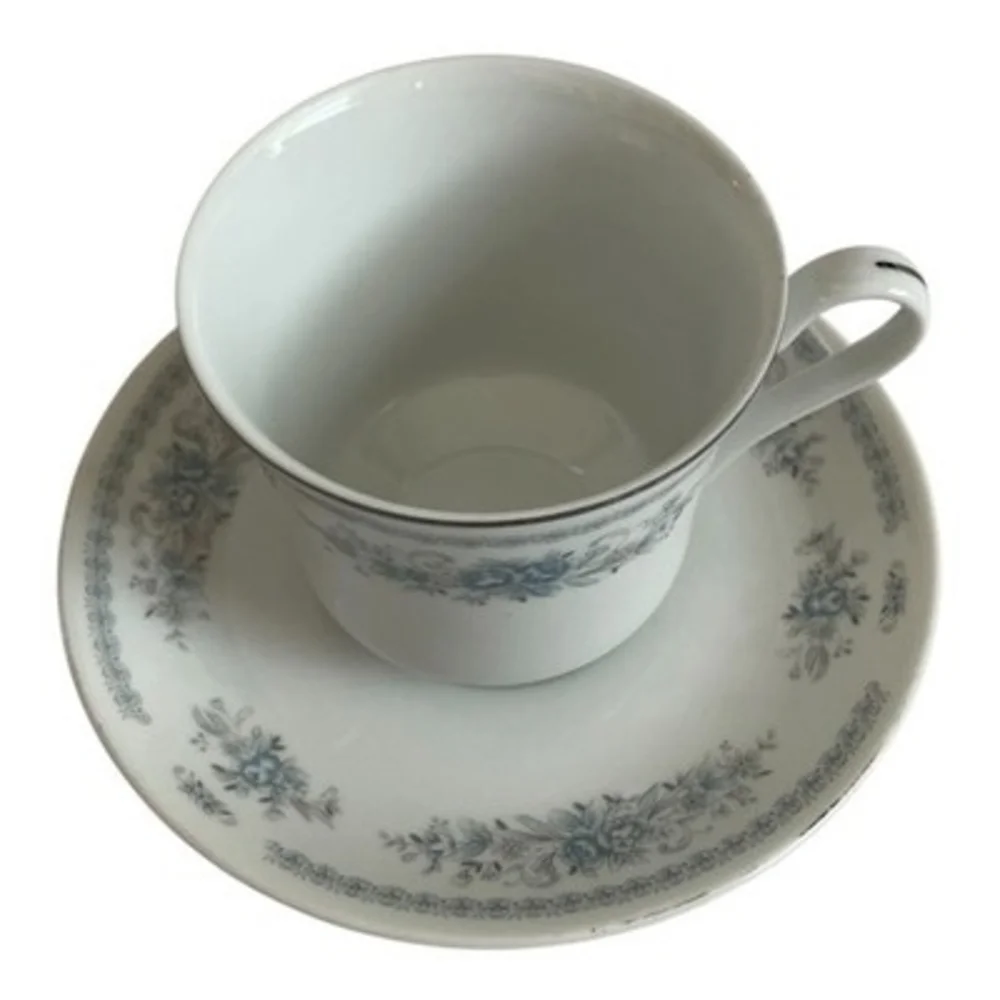 Christine Fine Porcelain China Japan Teacup Saucer Set Blue Floral Platinum VG